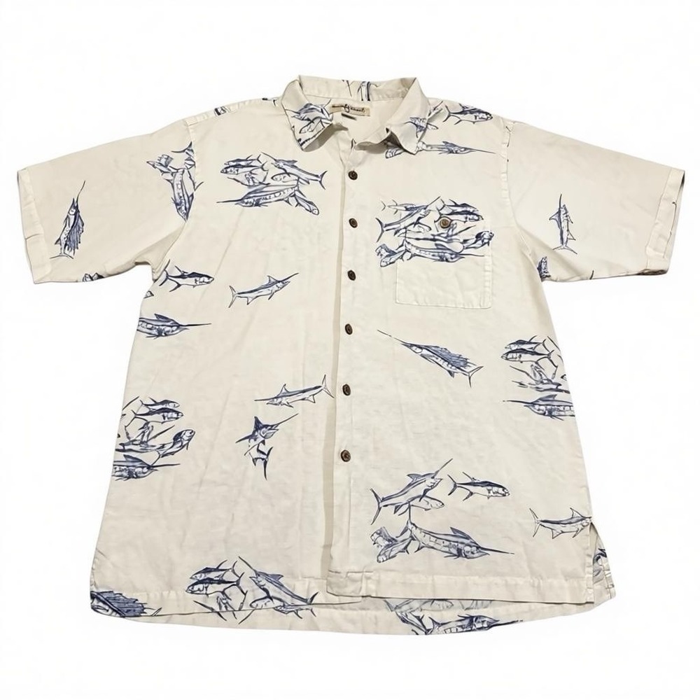 Vintage Hook‎ & Tackle Marlin Fishing Shirt Men's L Silk Cotton Blend